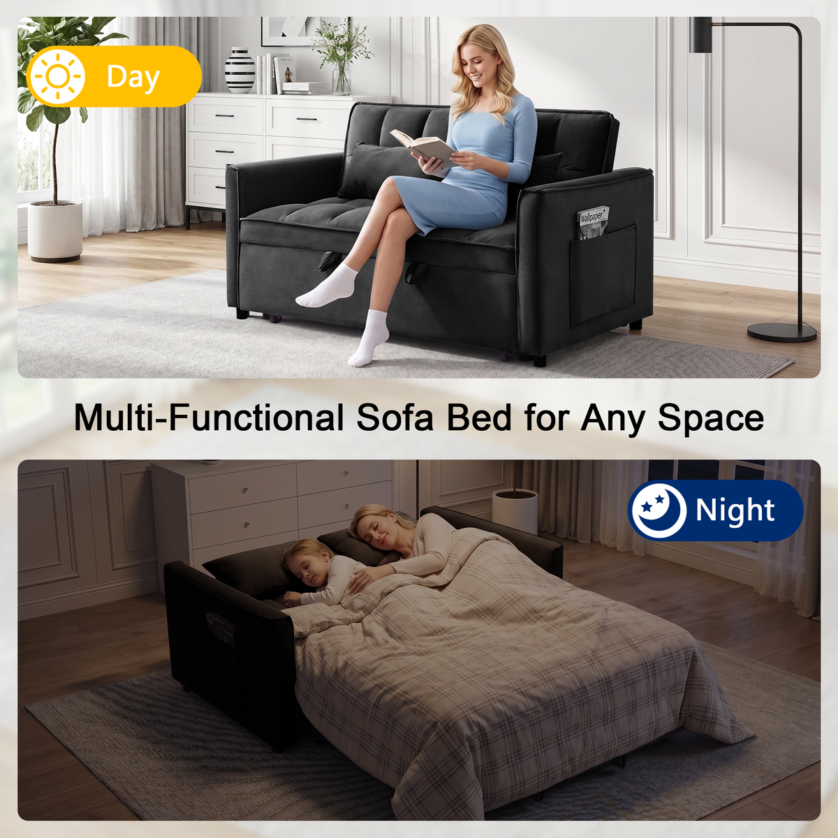 XANDERO 55" Velvet 3-in-1 Convertible Sleeper Sofa, Black