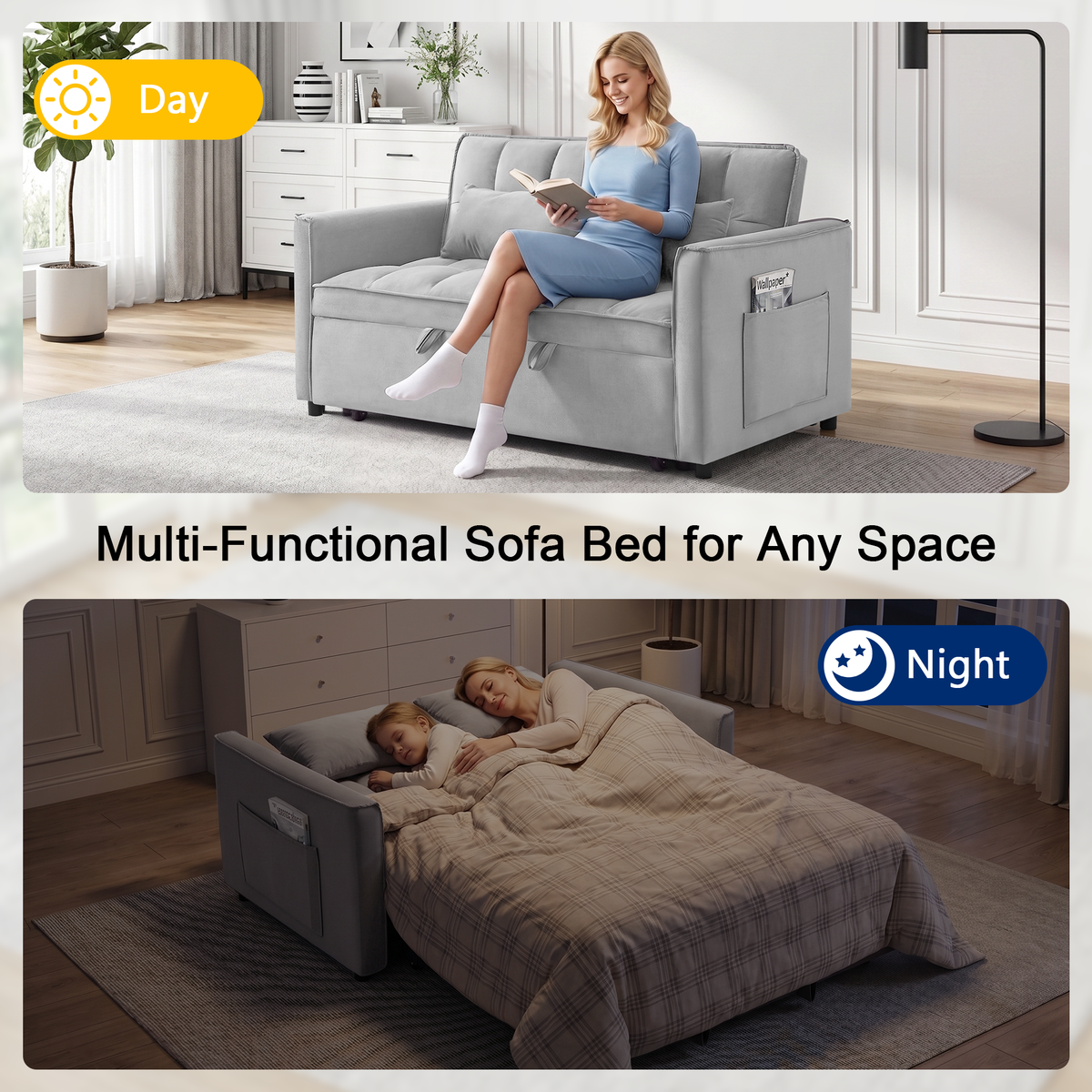 XANDERO 55" Velvet 3-in-1 Convertible Sleeper Sofa,Light Grey