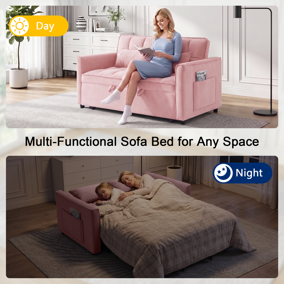 XANDERO 55" Velvet 3-in-1 Convertible Sleeper Sofa, Pink