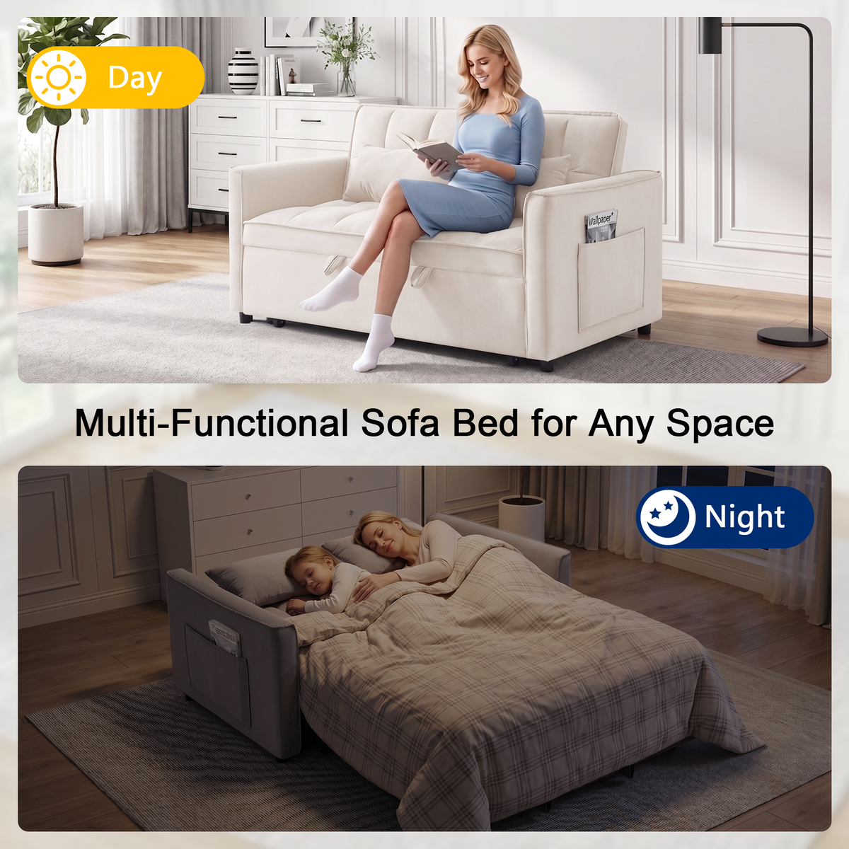 XANDERO 55" Velvet 3-in-1 Convertible Sleeper Sofa, Beige
