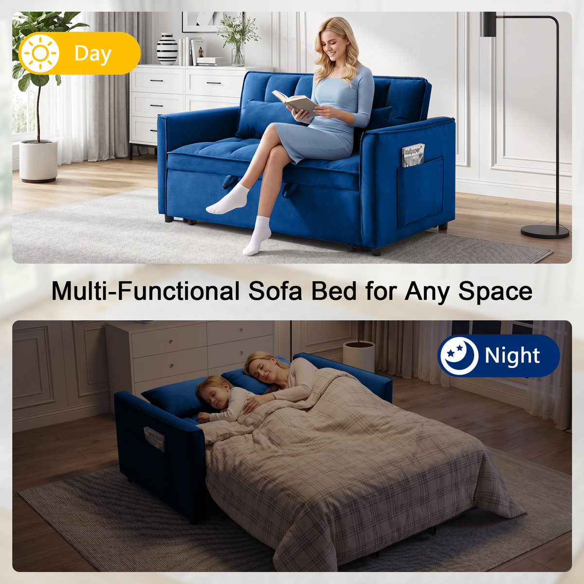 XANDERO 55" Velvet 3-in-1 Convertible Sleeper Sofa, Blue