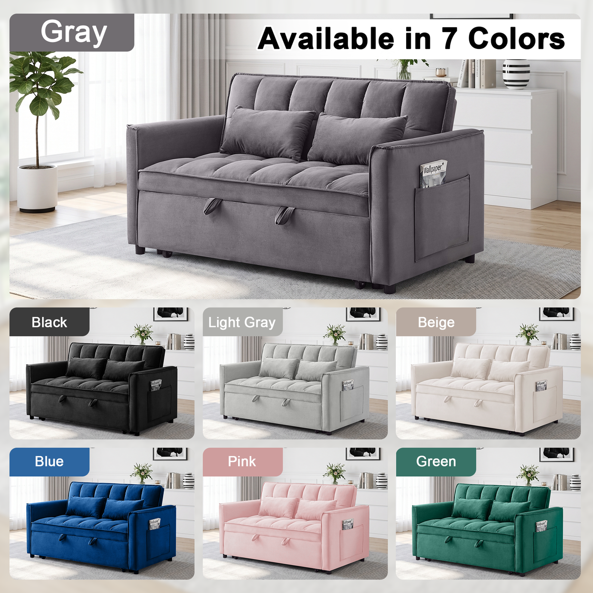 XANDERO 55" Velvet 3-in-1 Convertible Sleeper Sofa,Grey