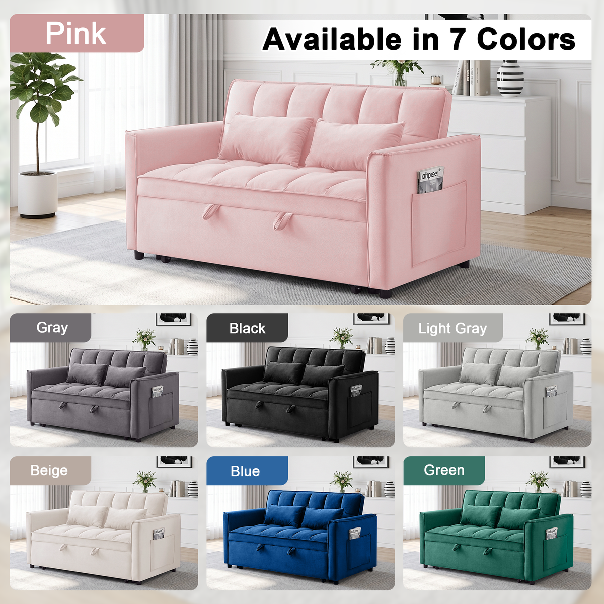 XANDERO 55" Velvet 3-in-1 Convertible Sleeper Sofa, Pink