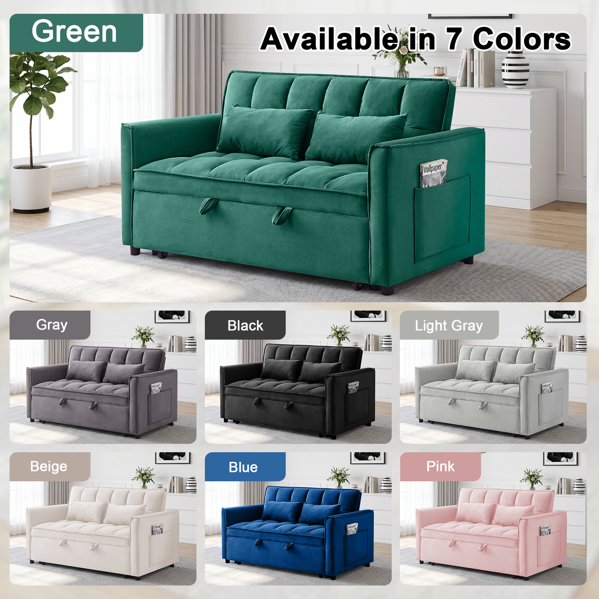 XANDERO 55" Velvet 3-in-1 Convertible Sleeper Sofa, Green