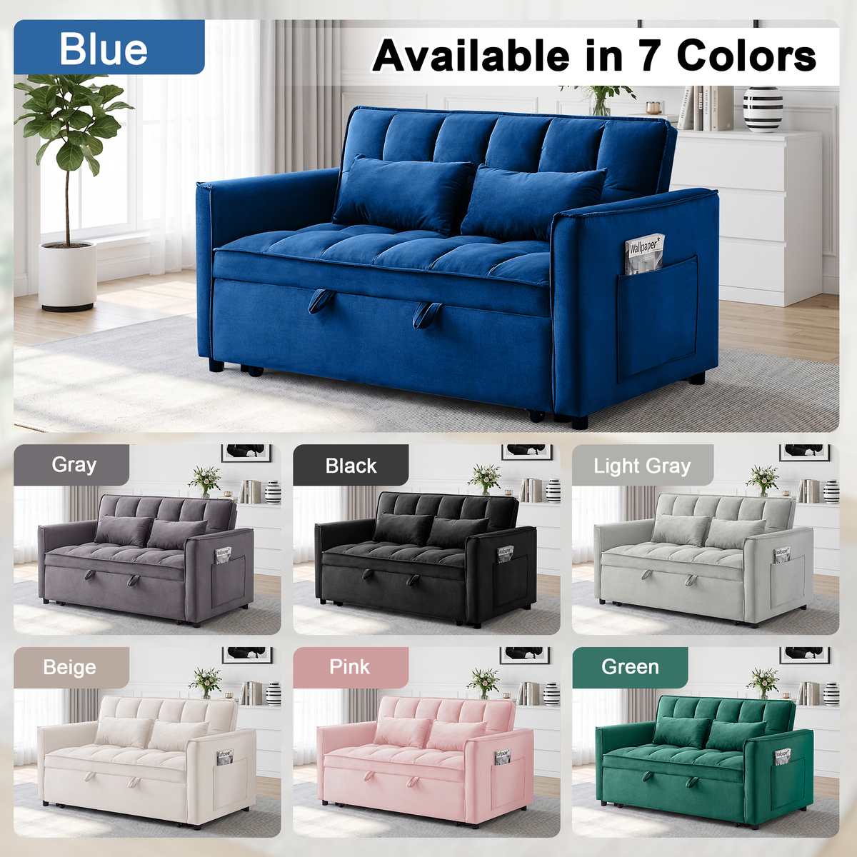XANDERO 55" Velvet 3-in-1 Convertible Sleeper Sofa, Blue