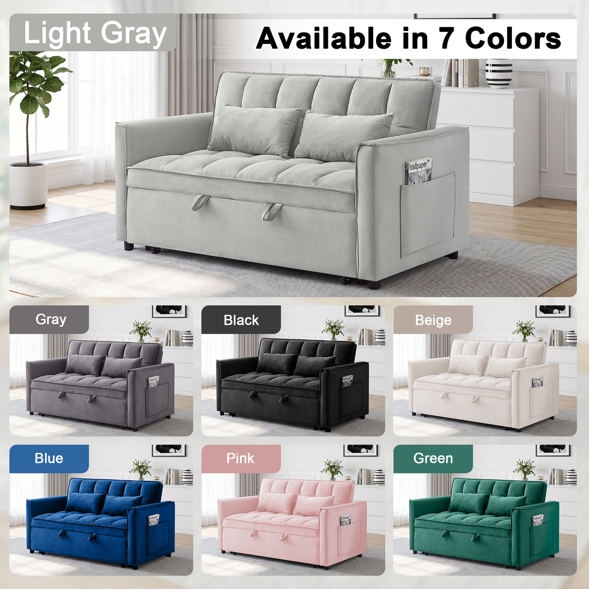XANDERO 55" Velvet 3-in-1 Convertible Sleeper Sofa,Light Grey