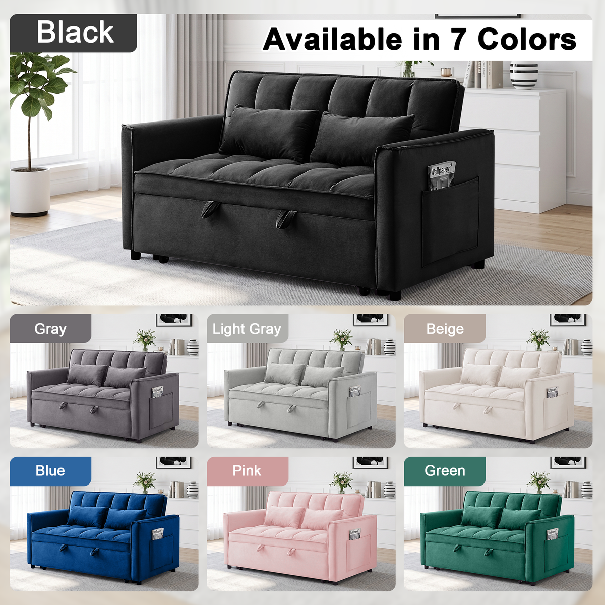 XANDERO 55" Velvet 3-in-1 Convertible Sleeper Sofa, Black
