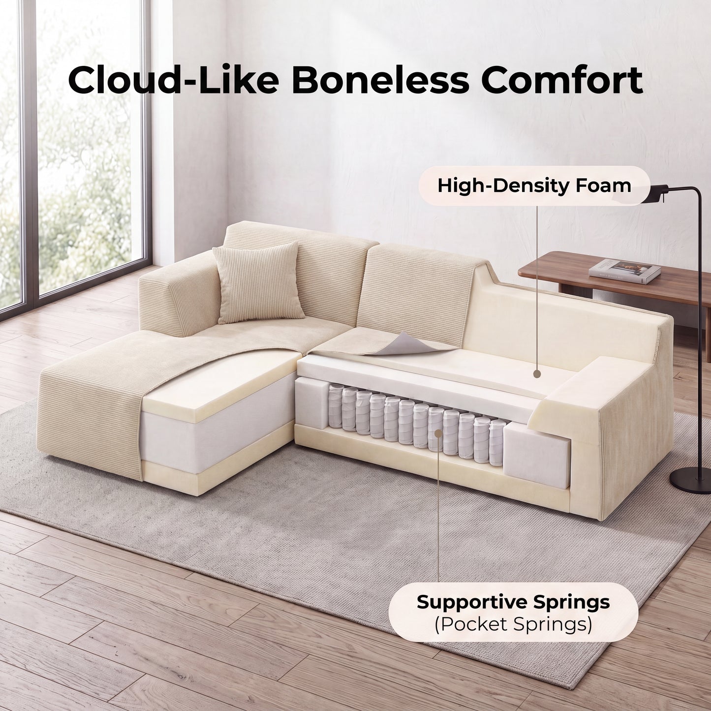XANDERO 96" Modular Sectional Couch, Corduroy Boneless Sofa,Deep Seat Boneless Couches for Living Room, No Assembly Required, Left Facing Chaise,  Beige