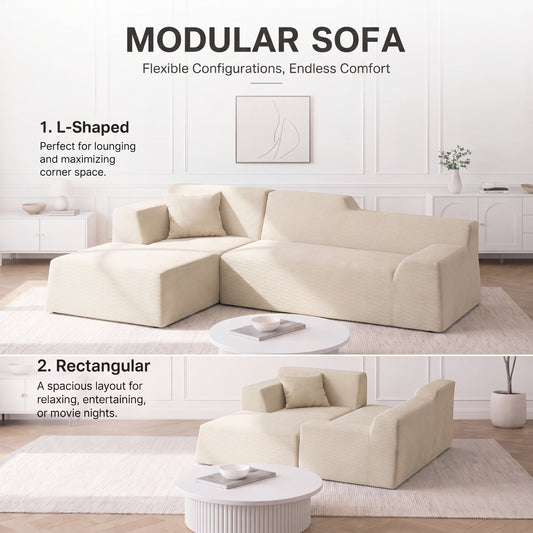 XANDERO 96" Modular Sectional Couch, Corduroy Boneless Sofa,Deep Seat Boneless Couches for Living Room, No Assembly Required, Left Facing Chaise,  Beige