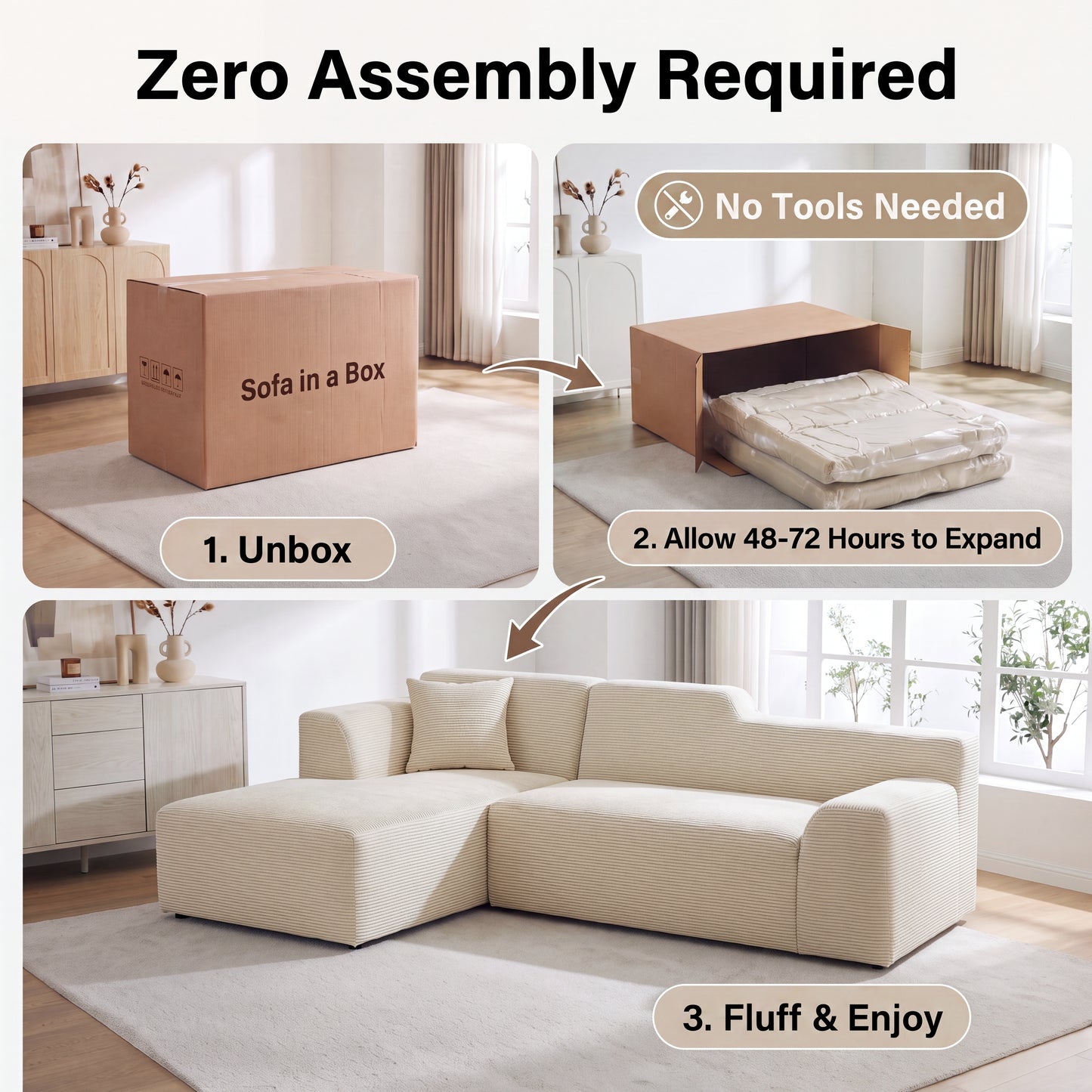 XANDERO 96" Modular Sectional Couch, Corduroy Boneless Sofa,Deep Seat Boneless Couches for Living Room, No Assembly Required, Left Facing Chaise,  Beige