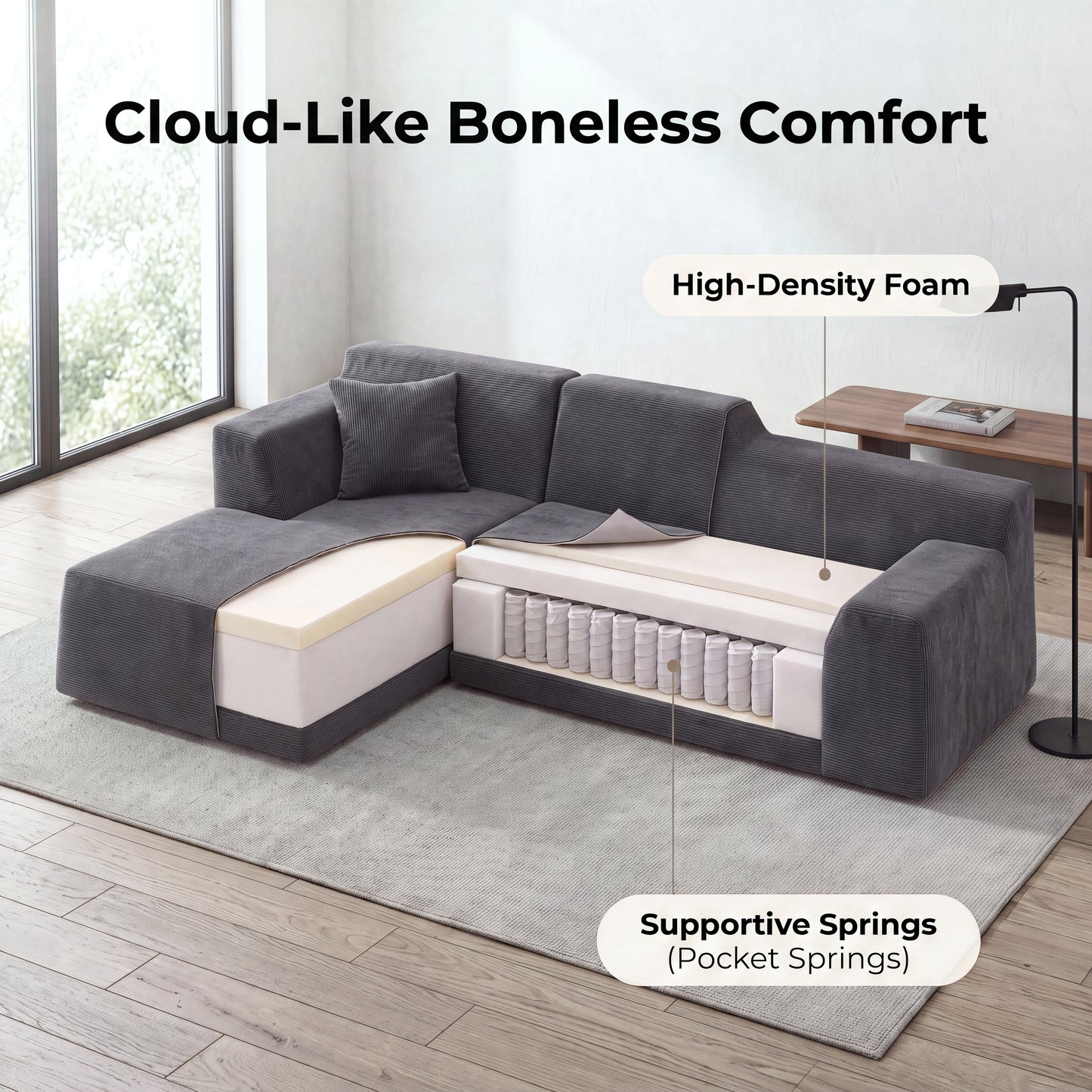 XANDERO 96" Modular Sectional Couch, Corduroy Boneless Sofa,Deep Seat Boneless Couches for Living Room, No Assembly Required, Left Facing Chaise,  Gray