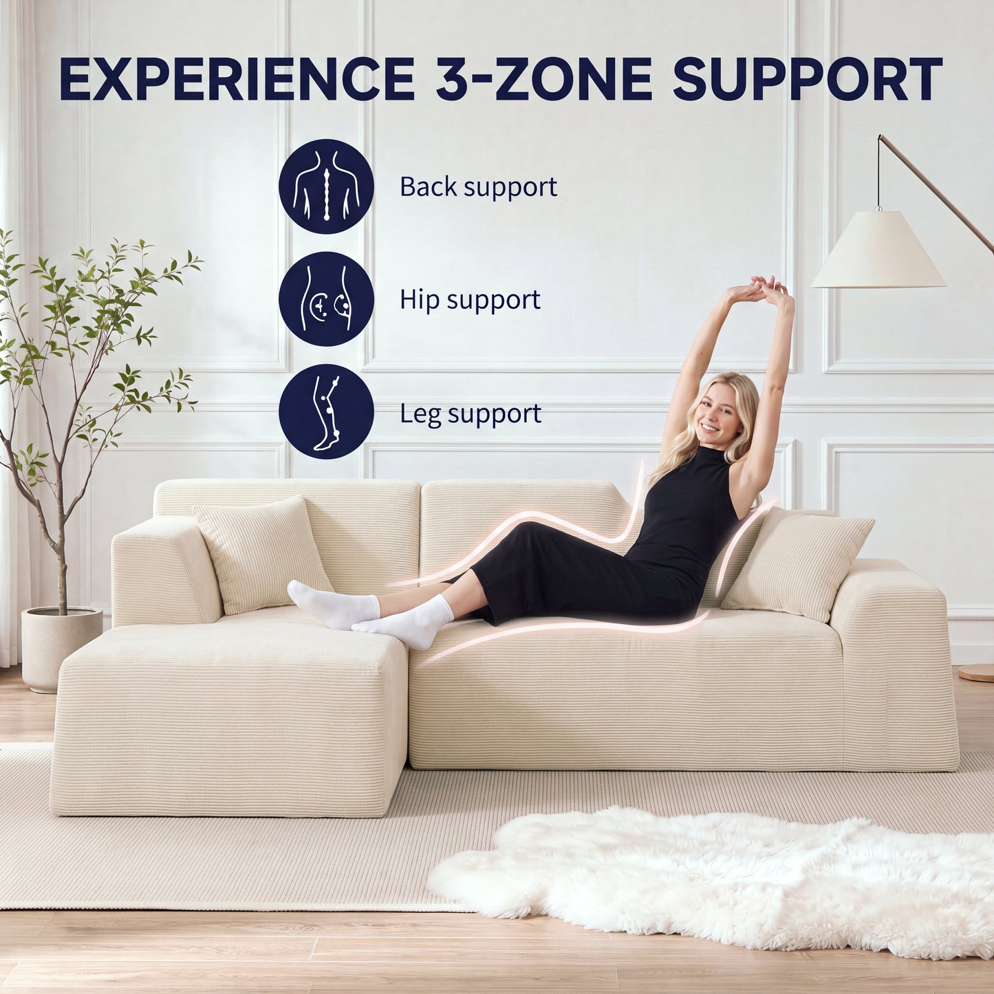 XANDERO 96" Modular Sectional Couch, Corduroy Boneless Sofa,Deep Seat Boneless Couches for Living Room, No Assembly Required, Left Facing Chaise,  Beige
