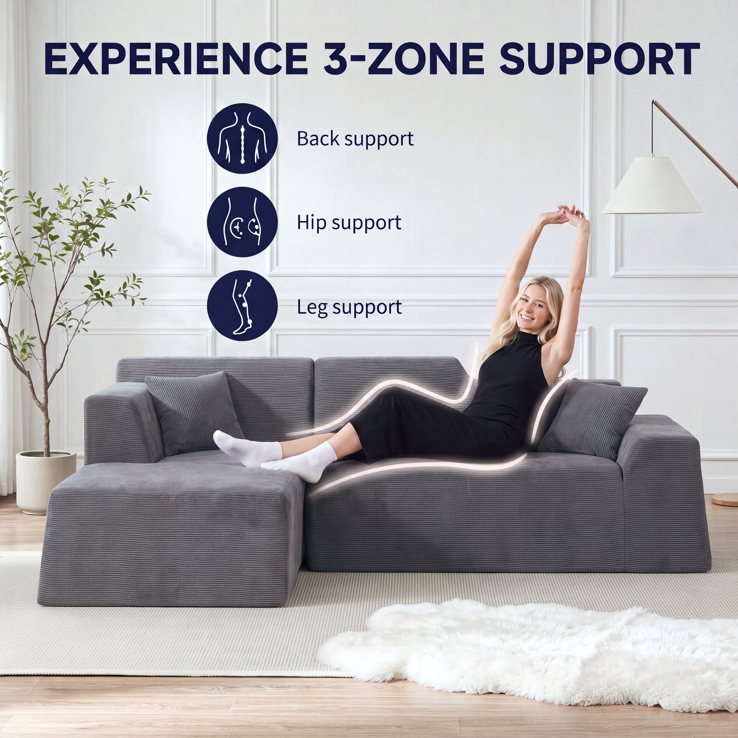 XANDERO 96" Modular Sectional Couch, Corduroy Boneless Sofa,Deep Seat Boneless Couches for Living Room, No Assembly Required, Left Facing Chaise,  Gray