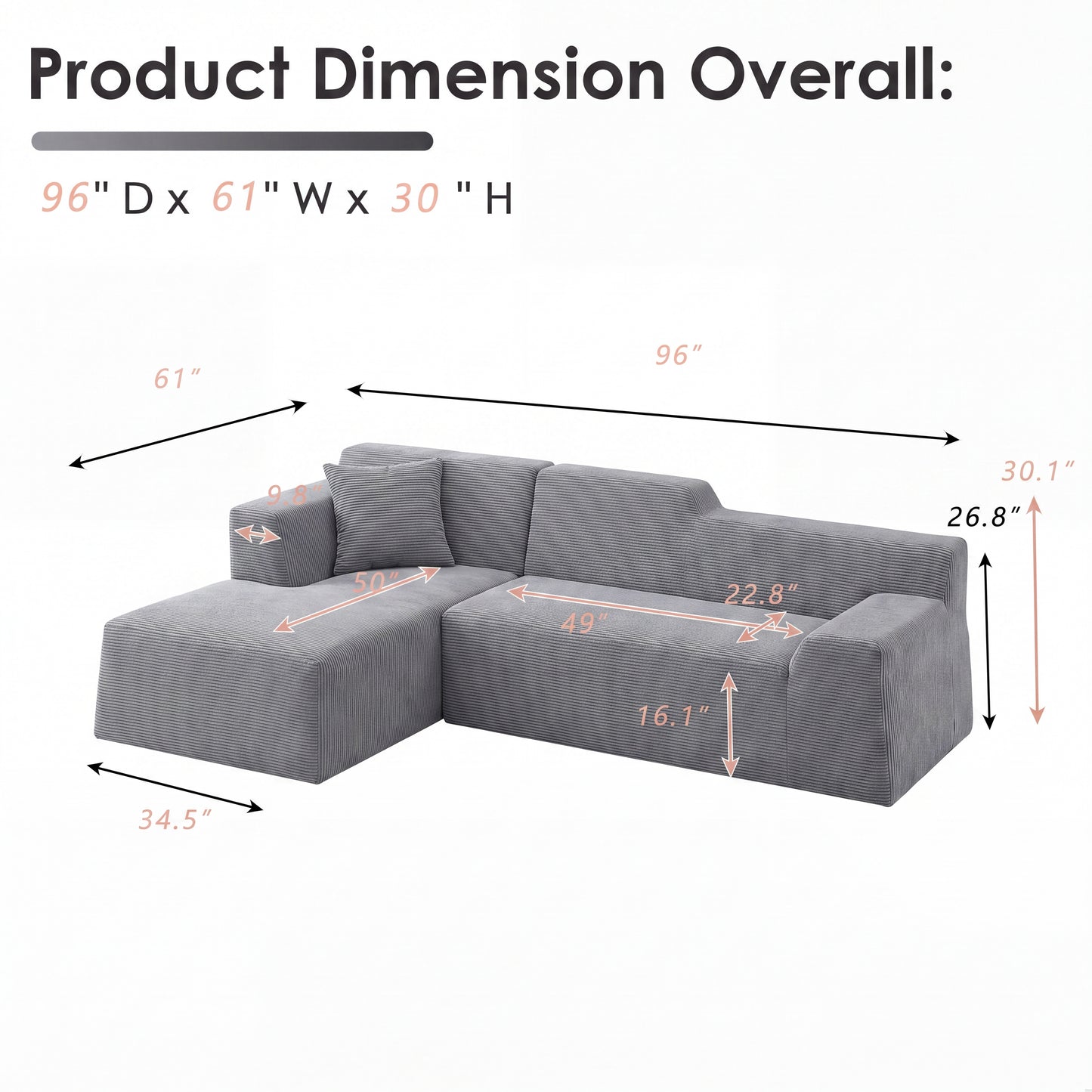 XANDERO 96" Modular Sectional Couch, Corduroy Boneless Sofa,Deep Seat Boneless Couches for Living Room, No Assembly Required, Left Facing Chaise,  Gray