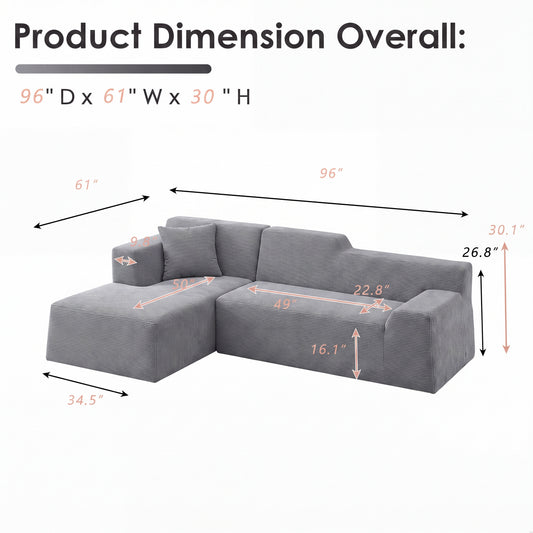 XANDERO 96" Modular Sectional Couch, Corduroy Boneless Sofa,Deep Seat Boneless Couches for Living Room, No Assembly Required, Left Facing Chaise,  Gray