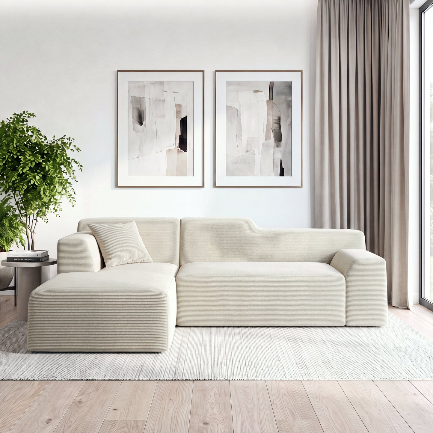 XANDERO 96" Modular Sectional Couch, Corduroy Boneless Sofa,Deep Seat Boneless Couches for Living Room, No Assembly Required, Left Facing Chaise,  Beige