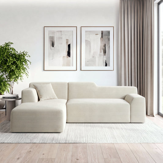XANDERO 96" Modular Sectional Couch, Corduroy Boneless Sofa,Deep Seat Boneless Couches for Living Room, No Assembly Required, Left Facing Chaise,  Beige
