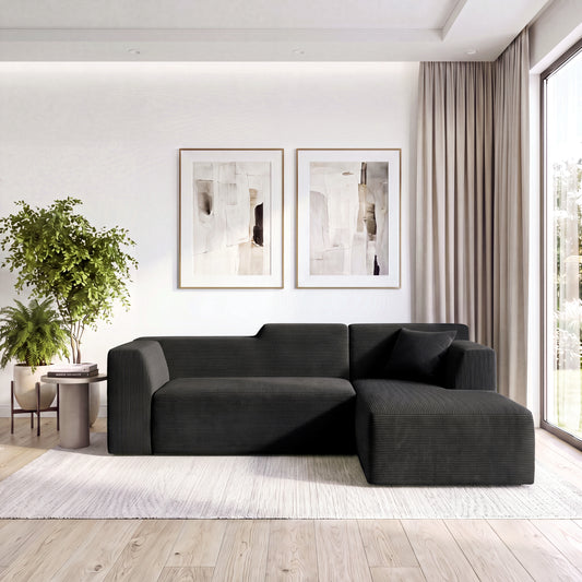 XANDERO 96" Modular Sectional Couch, Corduroy Boneless Sofa,Deep Seat Boneless Couches for Living Room, No Assembly Required, Right Facing Chaise,  Black