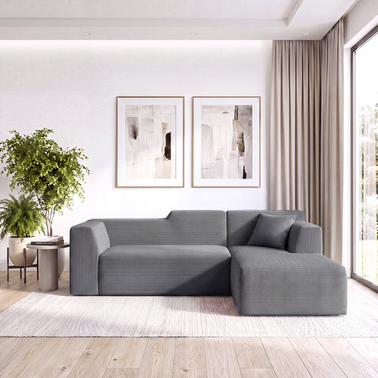 XANDERO 96" Modular Sectional Couch, Corduroy Boneless Sofa,Deep Seat Boneless Couches for Living Room, No Assembly Required, Right Facing Chaise,  Gray