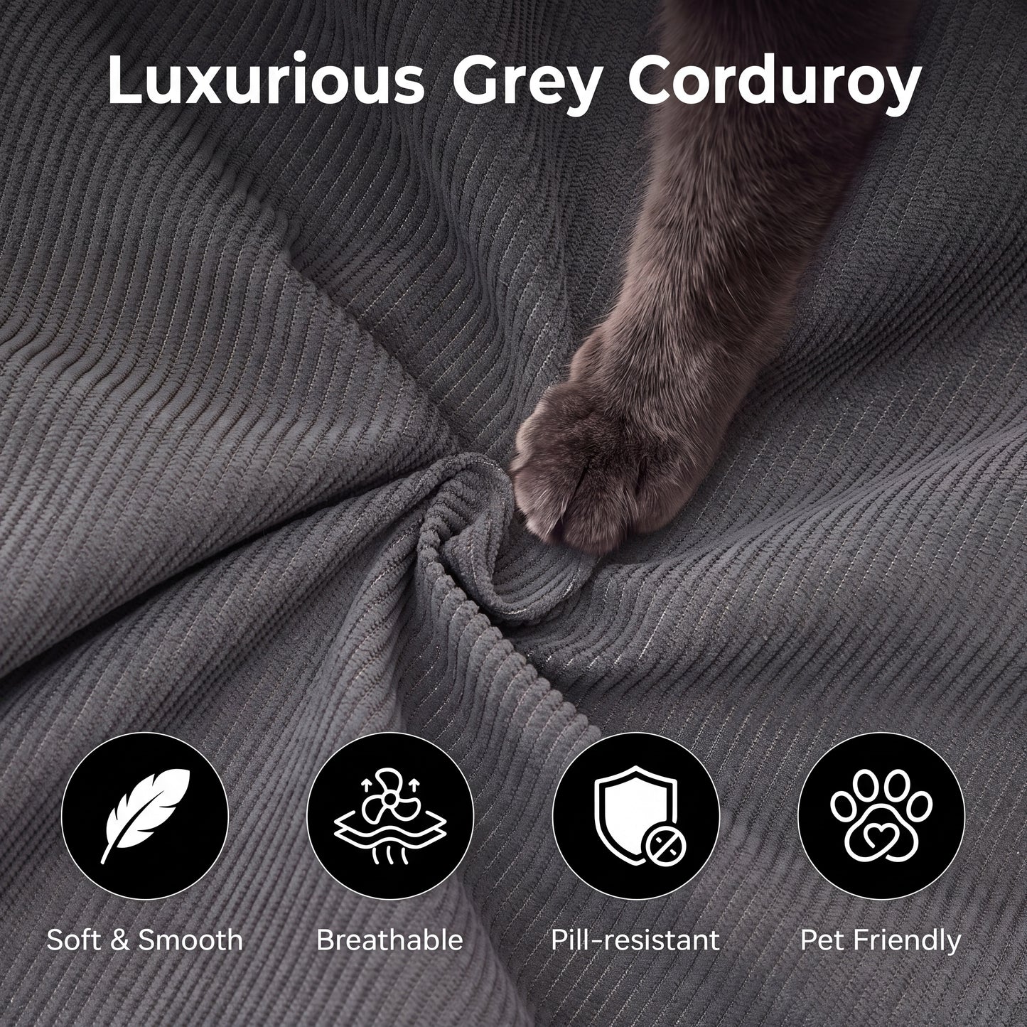 XANDERO 96" Modular Sectional Couch, Corduroy Boneless Sofa,Deep Seat Boneless Couches for Living Room, No Assembly Required, Right Facing Chaise,  Gray