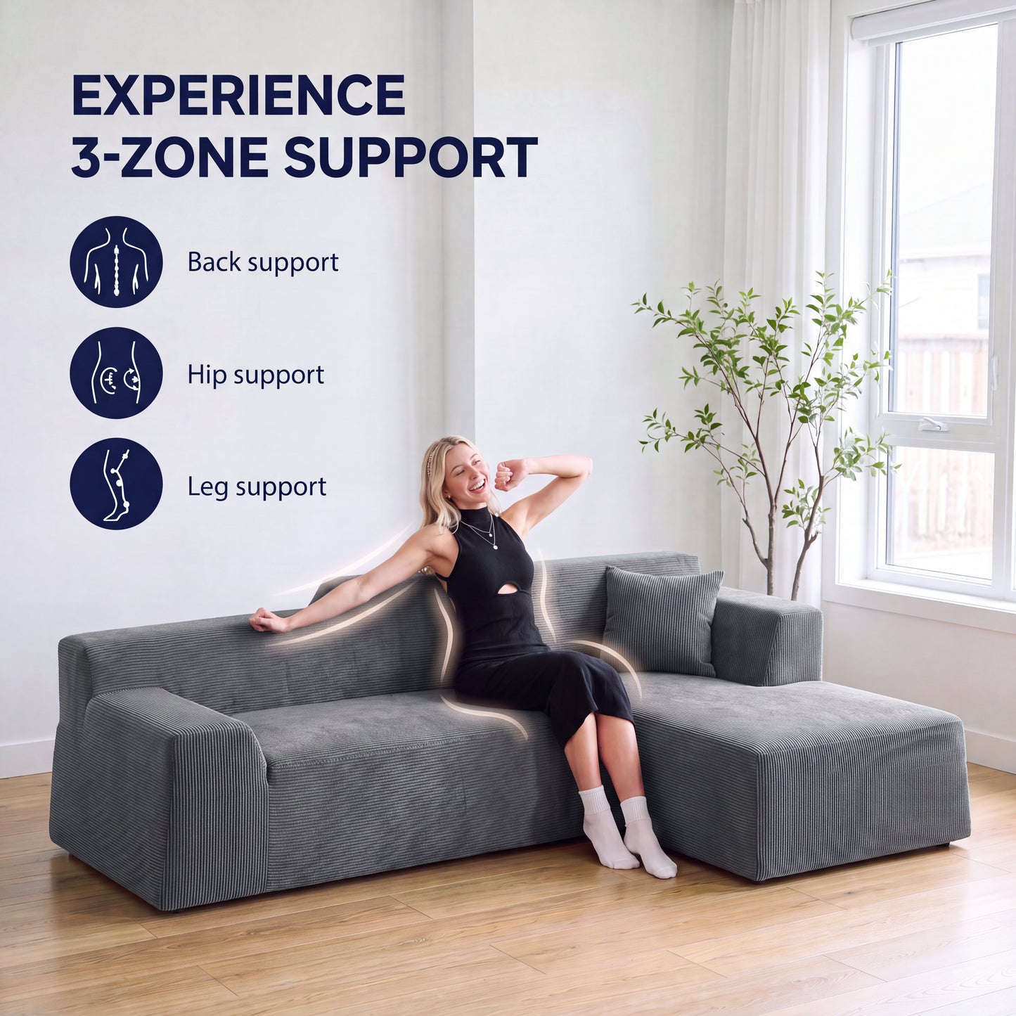 XANDERO 96" Modular Sectional Couch, Corduroy Boneless Sofa,Deep Seat Boneless Couches for Living Room, No Assembly Required, Right Facing Chaise,  Gray