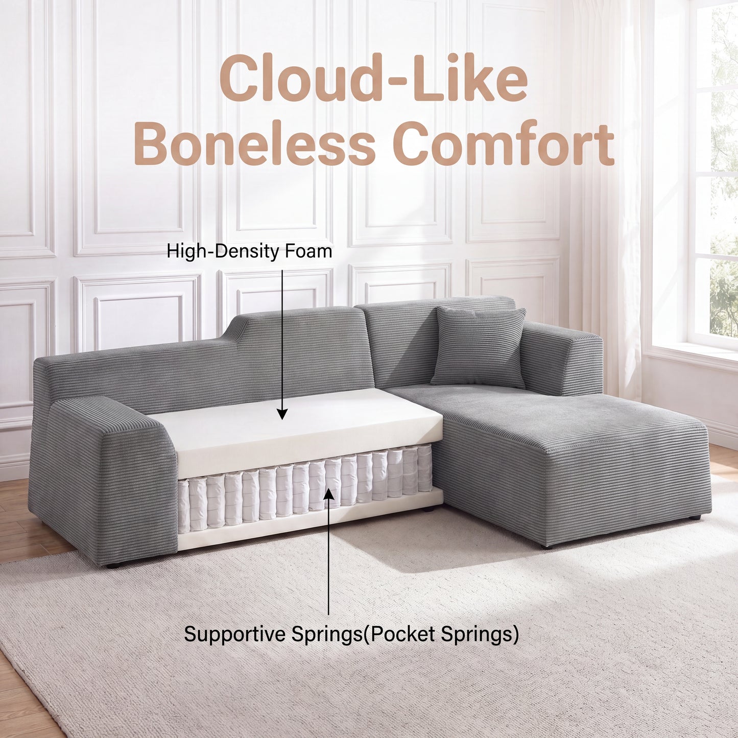 XANDERO 96" Modular Sectional Couch, Corduroy Boneless Sofa,Deep Seat Boneless Couches for Living Room, No Assembly Required, Right Facing Chaise,  Gray