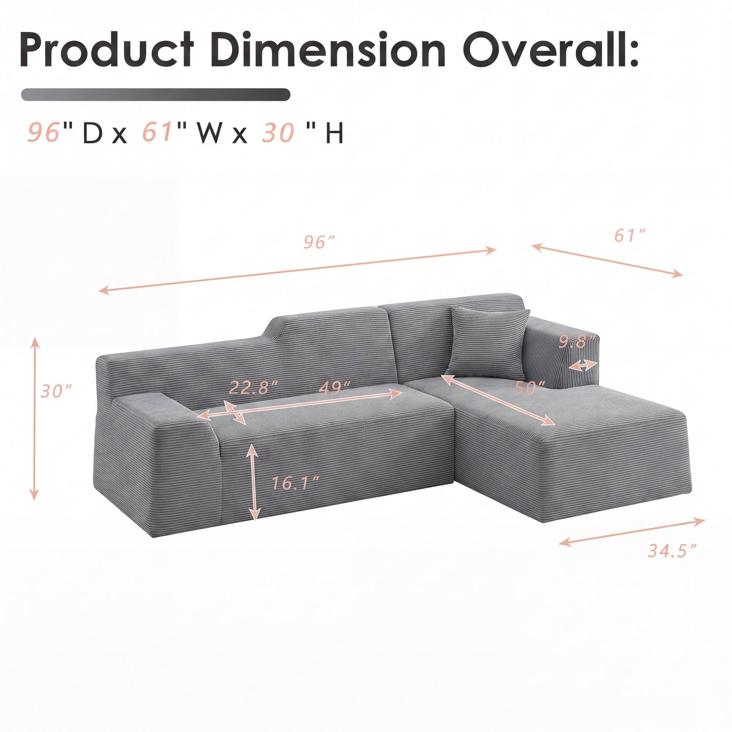 XANDERO 96" Modular Sectional Couch, Corduroy Boneless Sofa,Deep Seat Boneless Couches for Living Room, No Assembly Required, Right Facing Chaise,  Gray