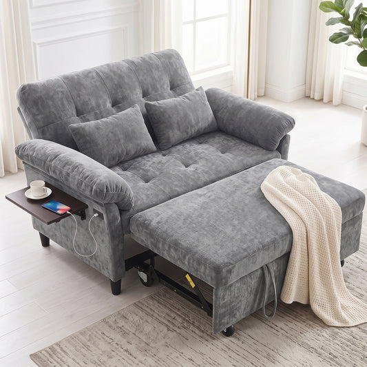 XANDERO 60" Chenille Sofa Bed, Loveseat Sleeper Sofa with Pull-Out Bed, USB Charging & Folding Table, Grey