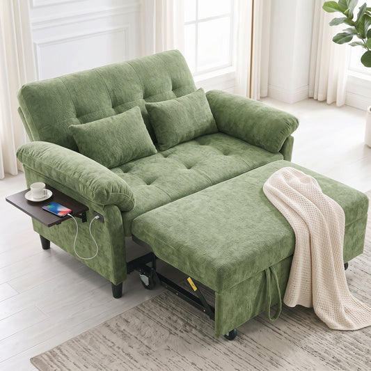 XANDERO 60" Chenille Sofa Bed, Loveseat Sleeper Sofa with Pull-Out Bed, USB Charging & Folding Table, Green