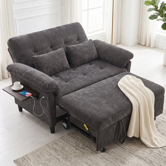 XANDERO 60" Chenille Sofa Bed, Loveseat Sleeper Sofa with Pull-Out Bed, USB Charging & Folding Table, Black