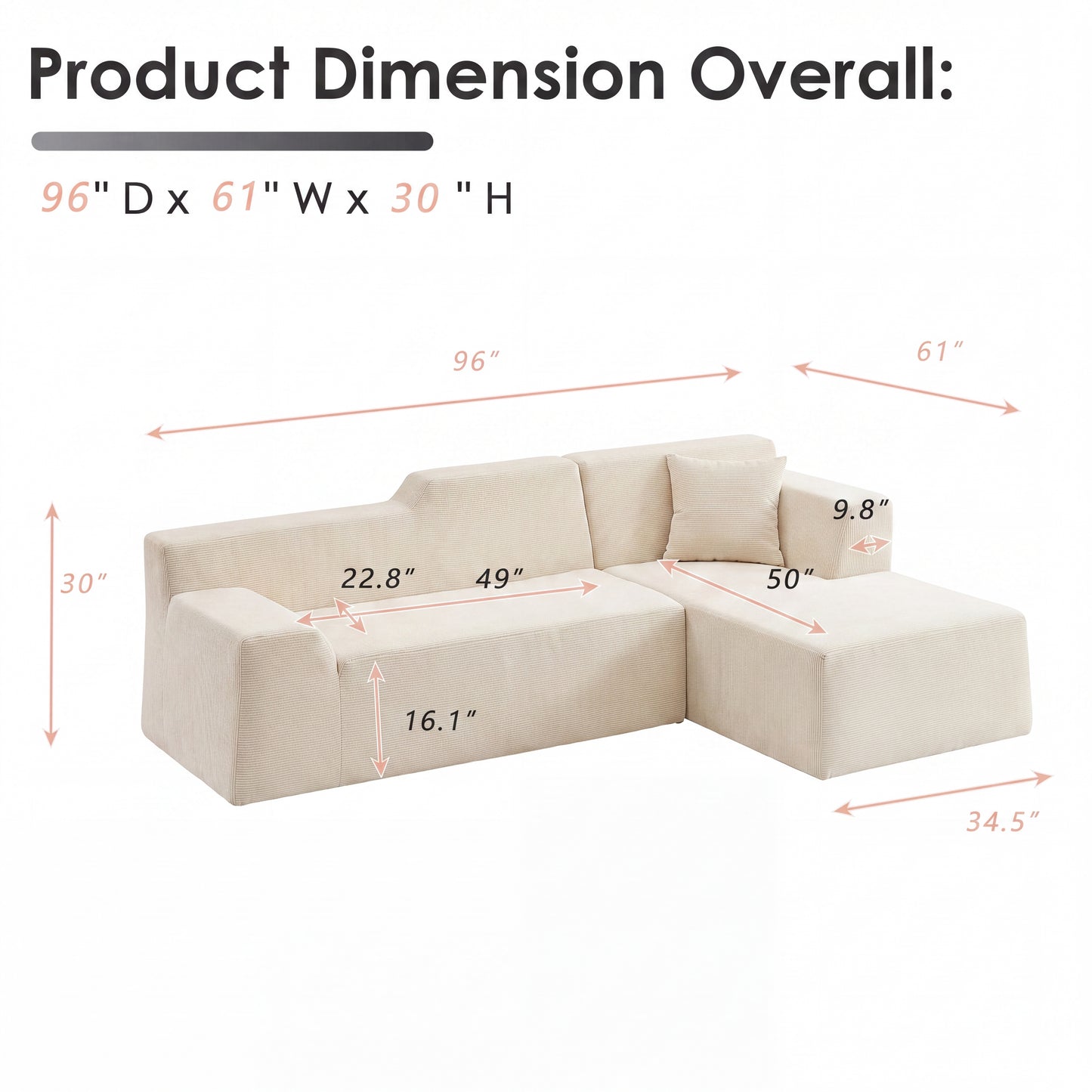 XANDERO 96" Modular Sectional Couch, Corduroy Boneless Sofa,Deep Seat Boneless Couches for Living Room, No Assembly Required, Right Facing Chaise, Beige