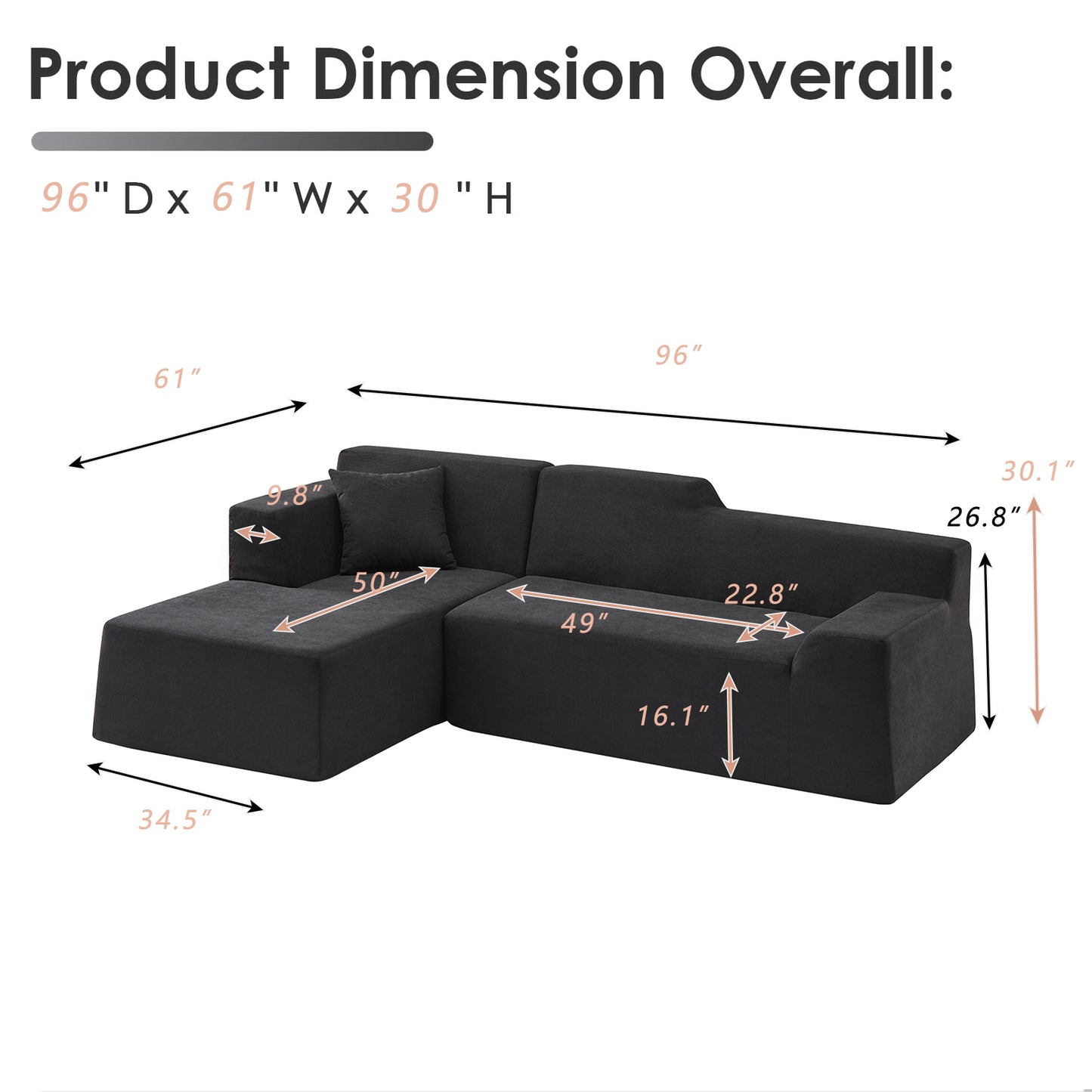XANDERO 96" Modular Sectional Couch, Corduroy Boneless Sofa,Deep Seat Boneless Couches for Living Room, No Assembly Required, Left Facing Chaise,  Black