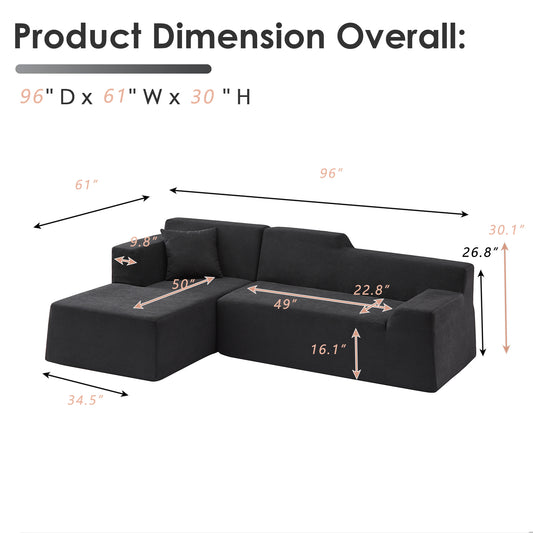 XANDERO 96" Modular Sectional Couch, Corduroy Boneless Sofa,Deep Seat Boneless Couches for Living Room, No Assembly Required, Left Facing Chaise,  Black
