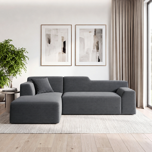 XANDERO 96" Modular Sectional Couch, Corduroy Boneless Sofa,Deep Seat Boneless Couches for Living Room, No Assembly Required, Left Facing Chaise,  Gray