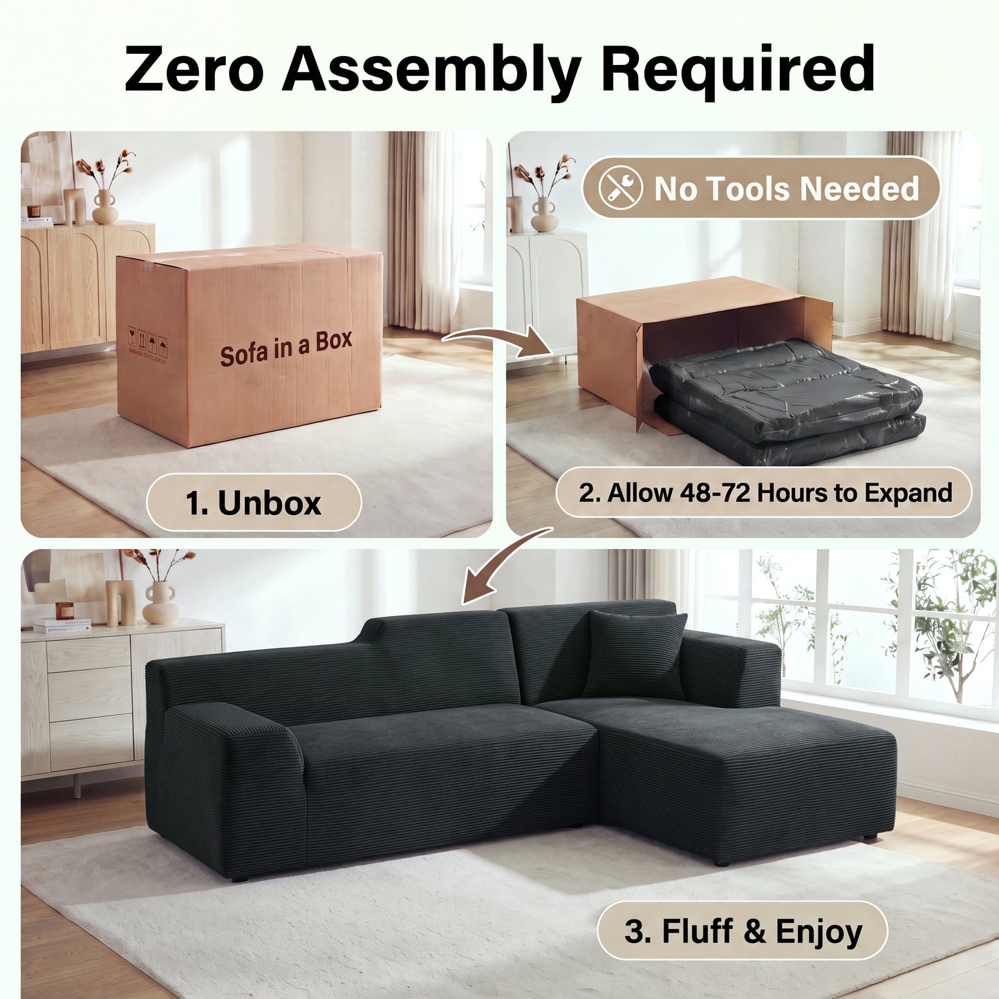 XANDERO 96" Modular Sectional Couch, Corduroy Boneless Sofa,Deep Seat Boneless Couches for Living Room, No Assembly Required, Right Facing Chaise,  Black