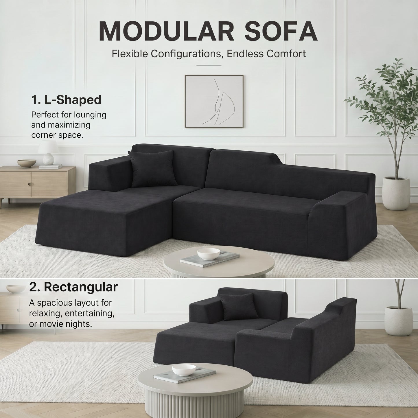 XANDERO 96" Modular Sectional Couch, Corduroy Boneless Sofa,Deep Seat Boneless Couches for Living Room, No Assembly Required, Left Facing Chaise,  Black
