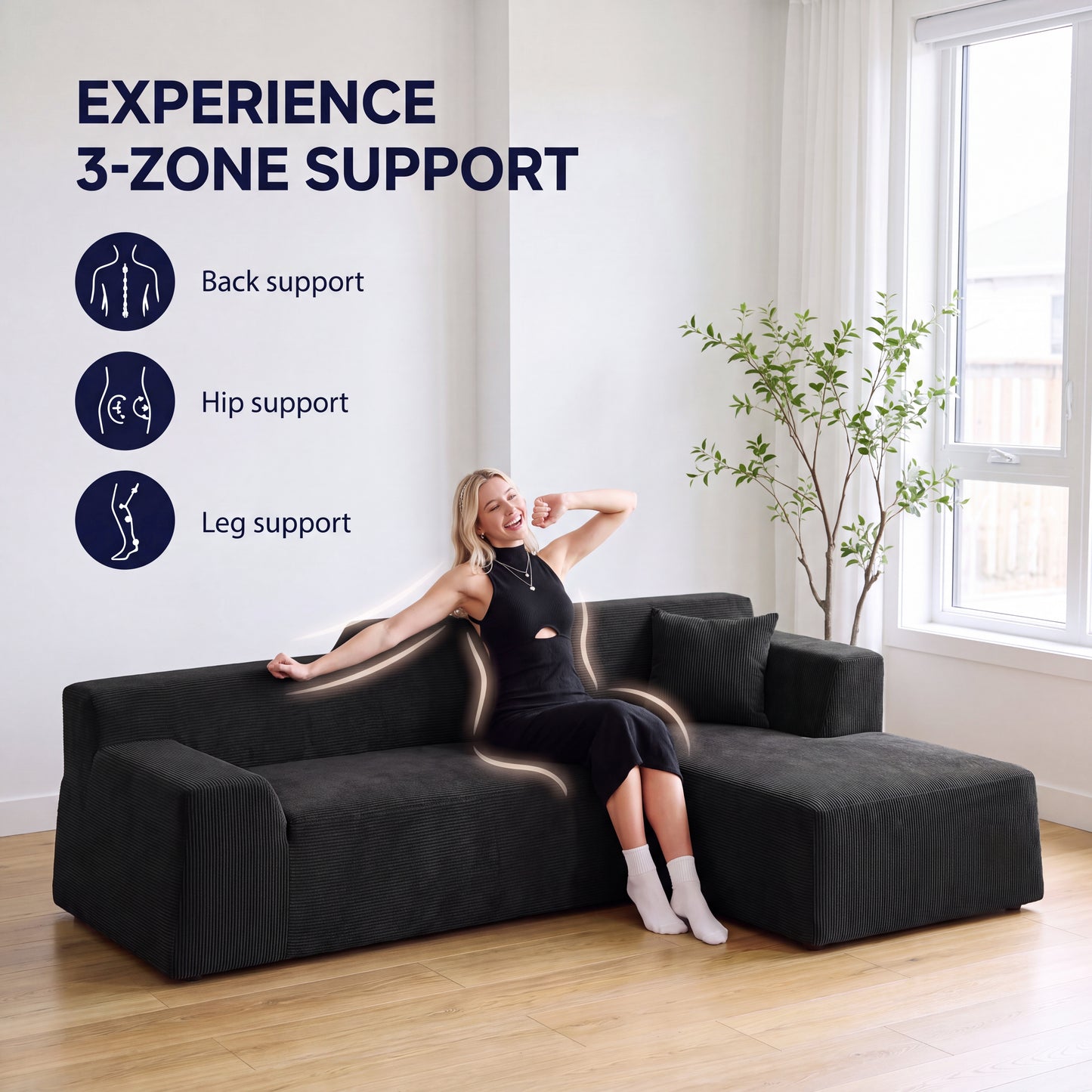 XANDERO 96" Modular Sectional Couch, Corduroy Boneless Sofa,Deep Seat Boneless Couches for Living Room, No Assembly Required, Right Facing Chaise,  Black