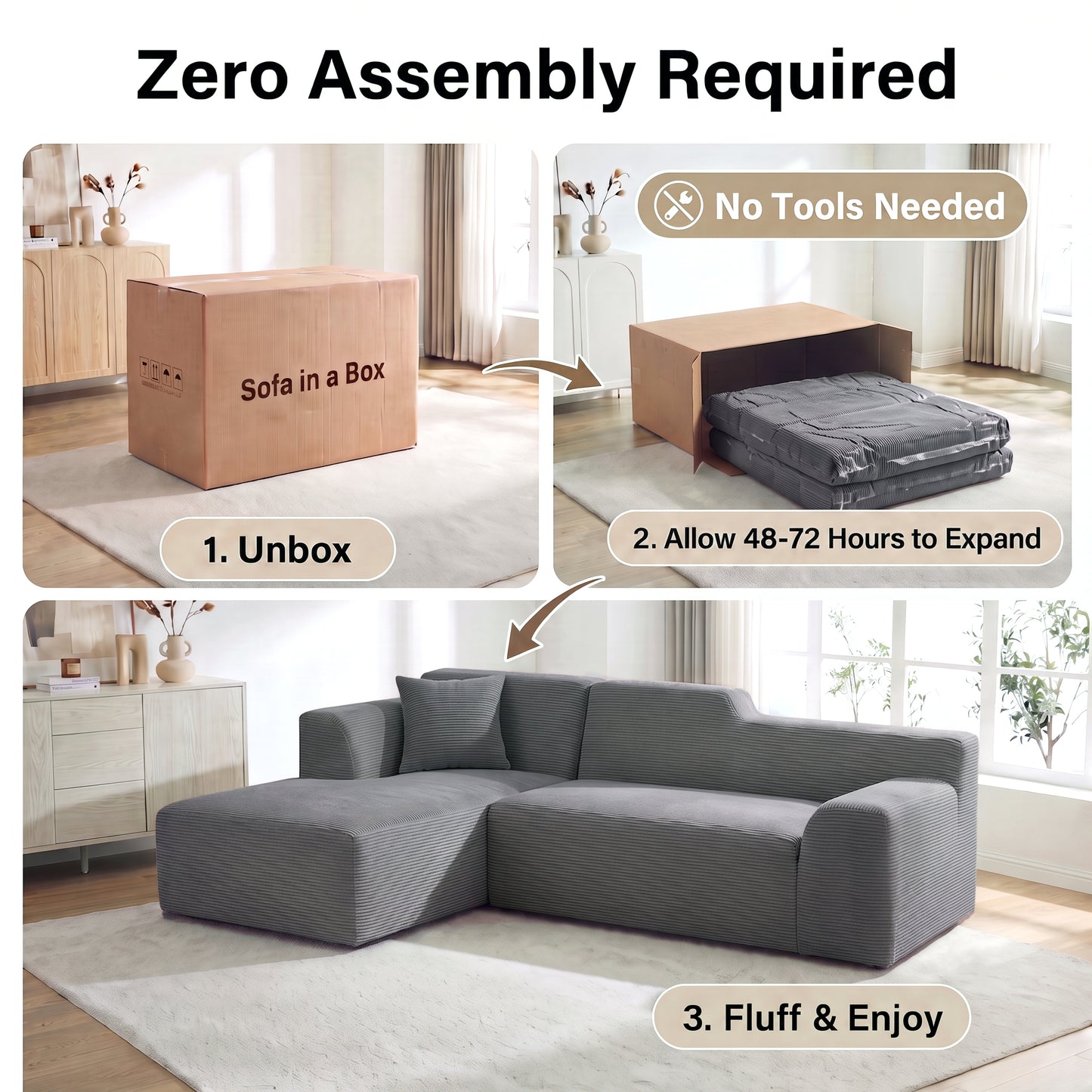 XANDERO 96" Modular Sectional Couch, Corduroy Boneless Sofa,Deep Seat Boneless Couches for Living Room, No Assembly Required, Left Facing Chaise,  Gray