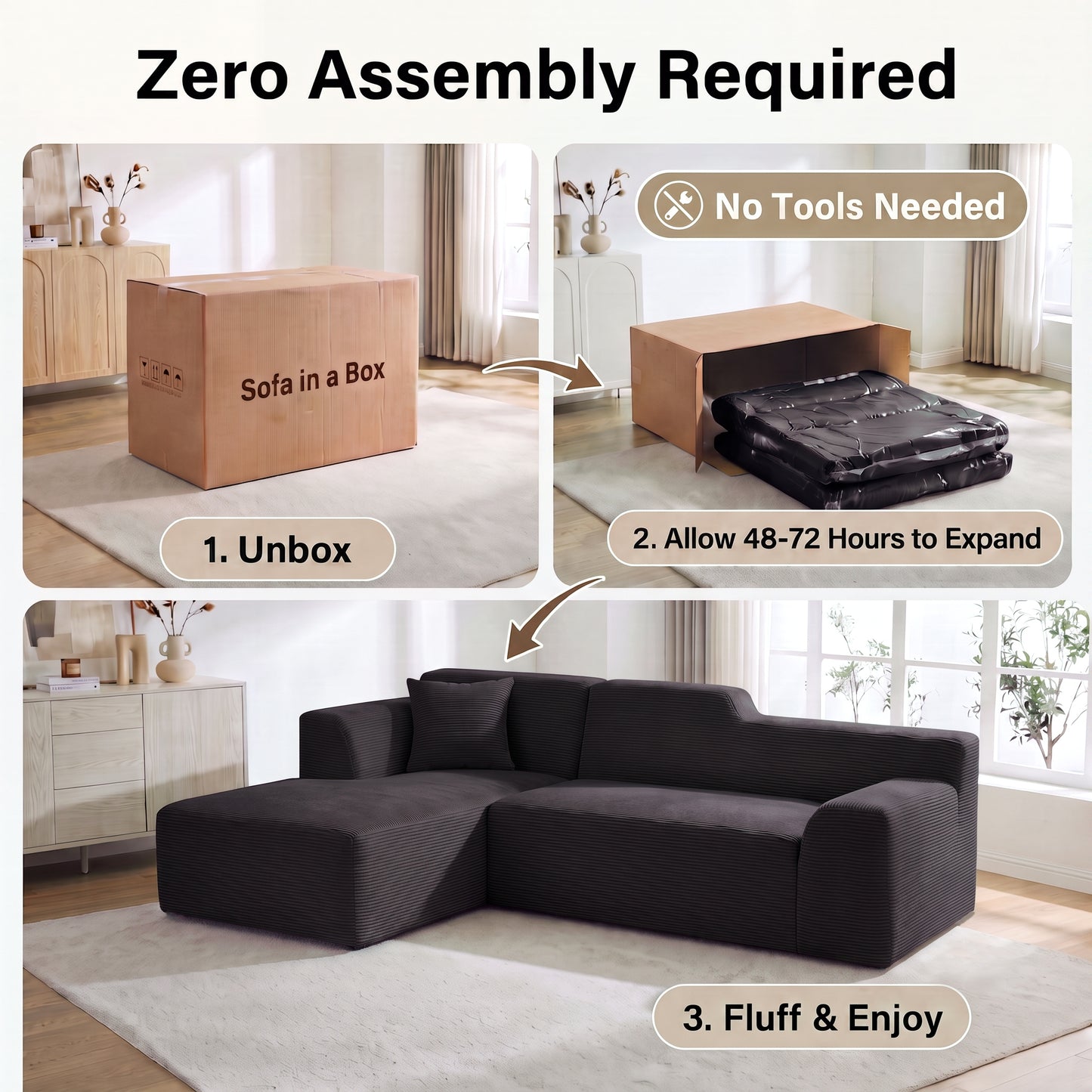 XANDERO 96" Modular Sectional Couch, Corduroy Boneless Sofa,Deep Seat Boneless Couches for Living Room, No Assembly Required, Left Facing Chaise,  Black