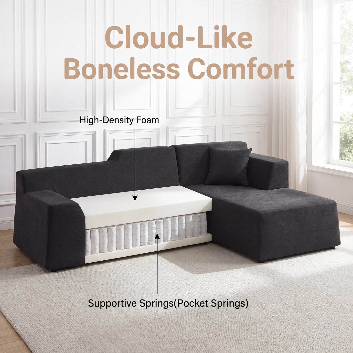 XANDERO 96" Modular Sectional Couch, Corduroy Boneless Sofa,Deep Seat Boneless Couches for Living Room, No Assembly Required, Right Facing Chaise,  Black