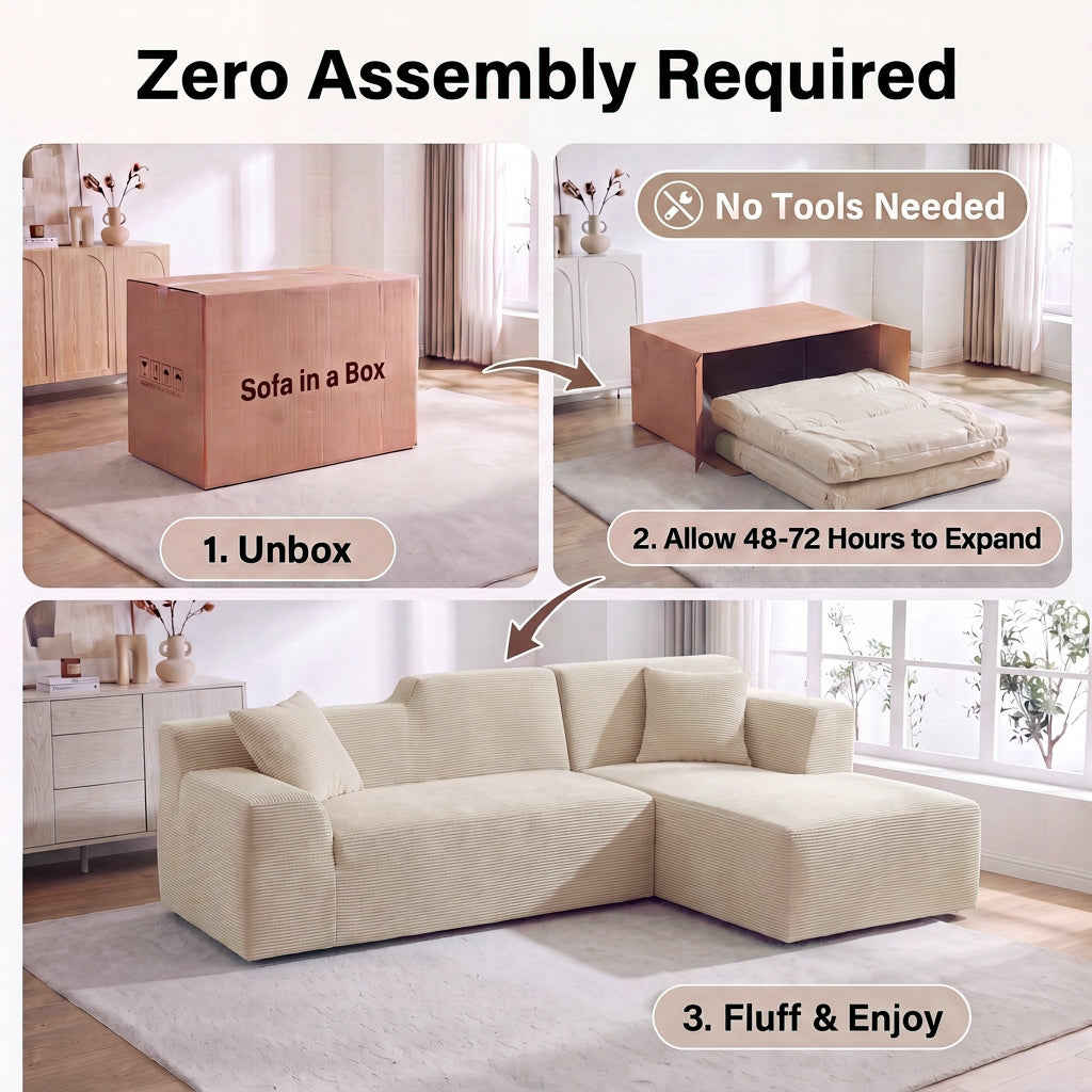 XANDERO 96" Modular Sectional Couch, Corduroy Boneless Sofa,Deep Seat Boneless Couches for Living Room, No Assembly Required, Right Facing Chaise, Beige