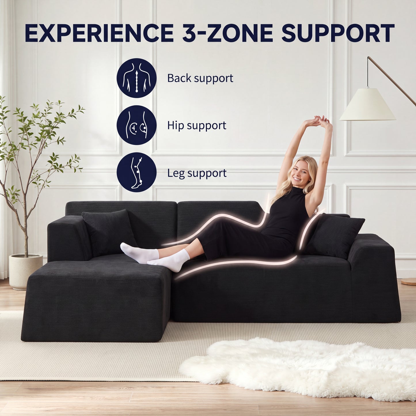 XANDERO 96" Modular Sectional Couch, Corduroy Boneless Sofa,Deep Seat Boneless Couches for Living Room, No Assembly Required, Left Facing Chaise,  Black