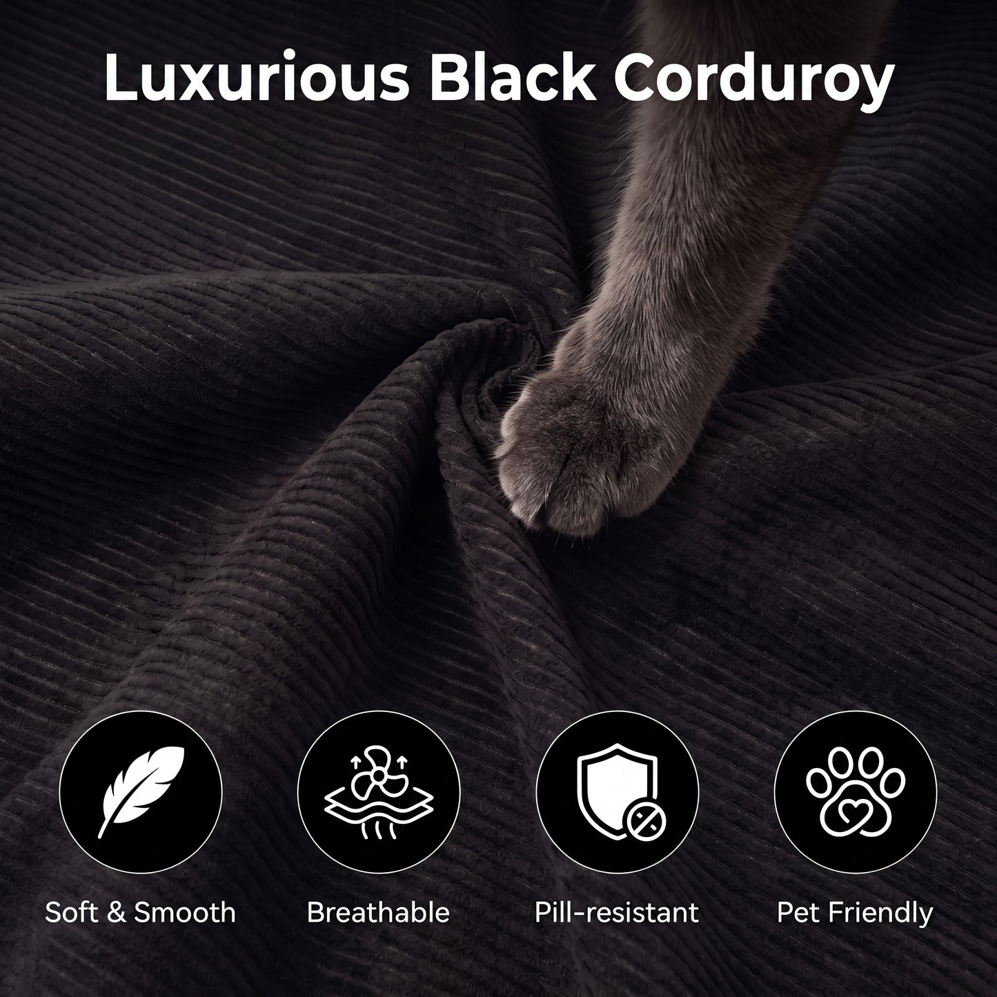 XANDERO 96" Modular Sectional Couch, Corduroy Boneless Sofa,Deep Seat Boneless Couches for Living Room, No Assembly Required, Right Facing Chaise,  Black