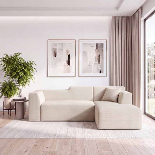 XANDERO 96" Modular Sectional Couch, Corduroy Boneless Sofa,Deep Seat Boneless Couches for Living Room, No Assembly Required, Right Facing Chaise, Beige