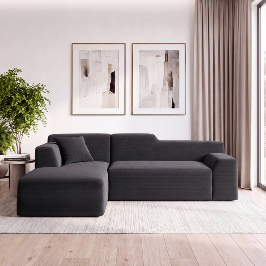 XANDERO 96" Modular Sectional Couch, Corduroy Boneless Sofa,Deep Seat Boneless Couches for Living Room, No Assembly Required, Left Facing Chaise,  Black