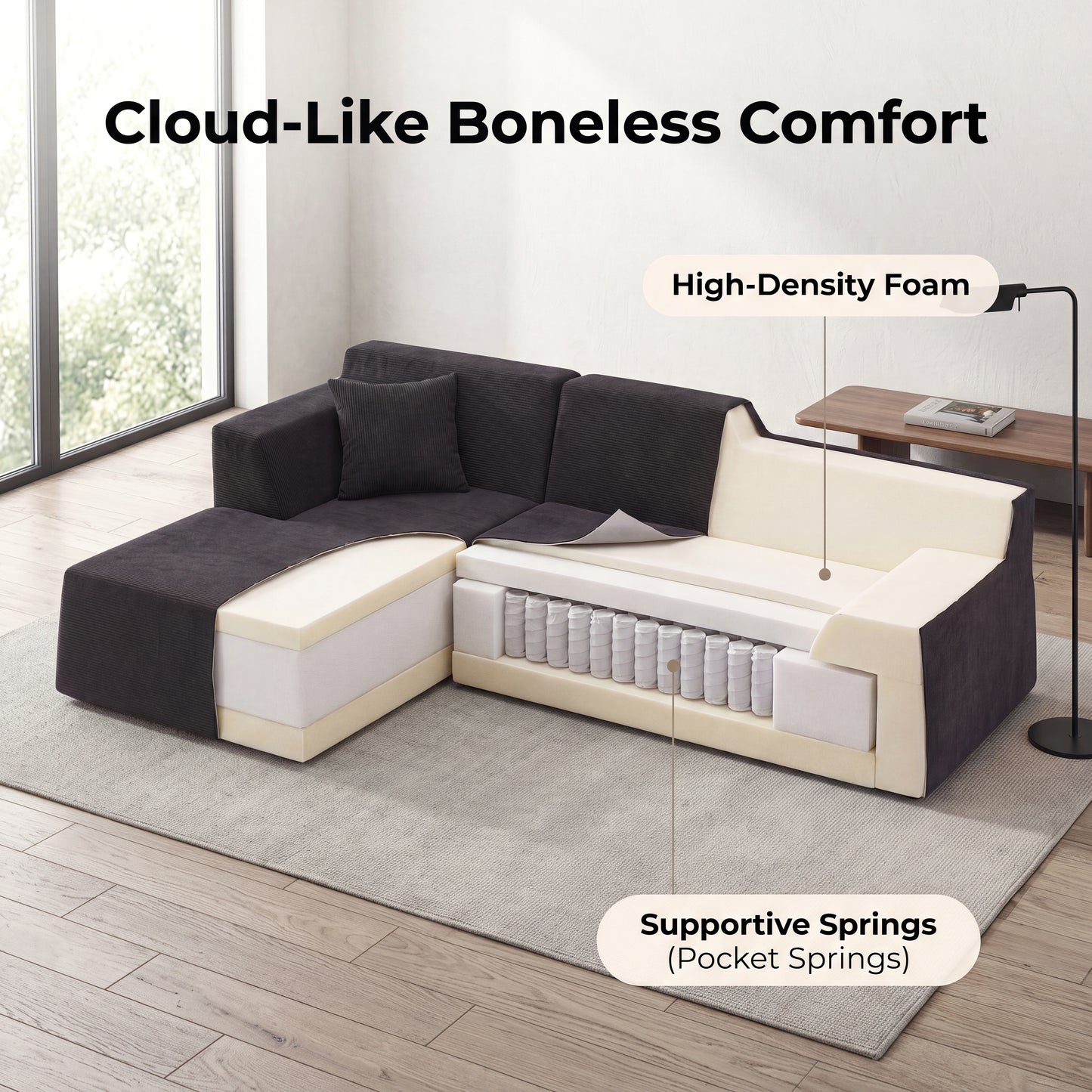 XANDERO 96" Modular Sectional Couch, Corduroy Boneless Sofa,Deep Seat Boneless Couches for Living Room, No Assembly Required, Left Facing Chaise,  Black