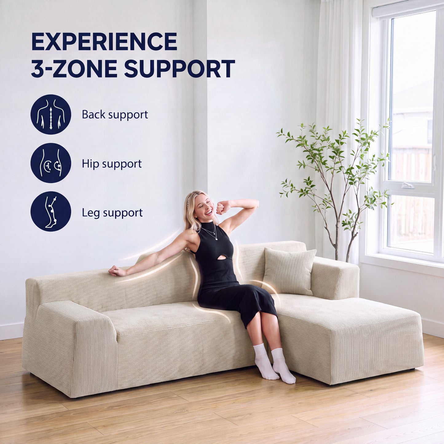 XANDERO 96" Modular Sectional Couch, Corduroy Boneless Sofa,Deep Seat Boneless Couches for Living Room, No Assembly Required, Right Facing Chaise, Beige