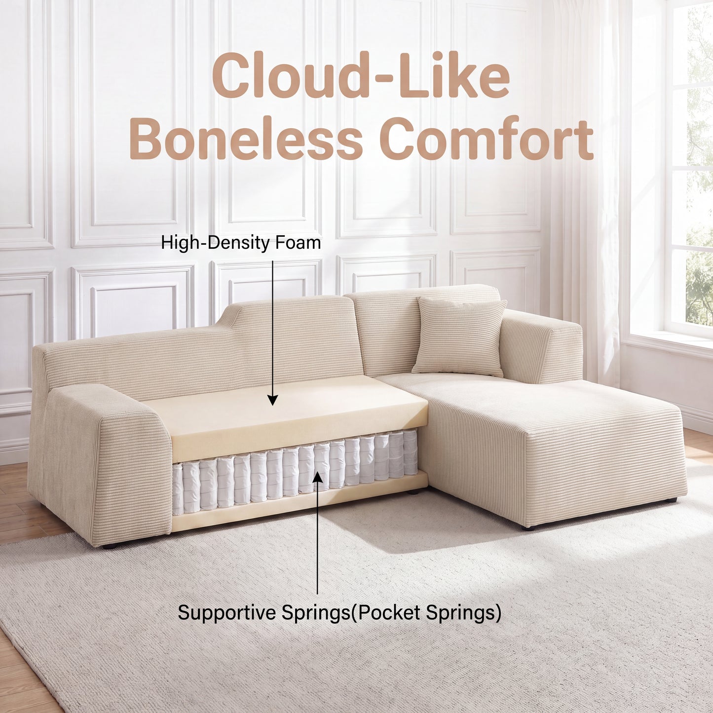 XANDERO 96" Modular Sectional Couch, Corduroy Boneless Sofa,Deep Seat Boneless Couches for Living Room, No Assembly Required, Right Facing Chaise, Beige
